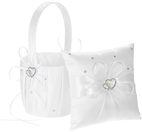 6 * 6 inches Double Heart Satin Ring Bearer Pillow and Wedding Flower Girl Basket Set with Rhinestone Ribbon Decoration White