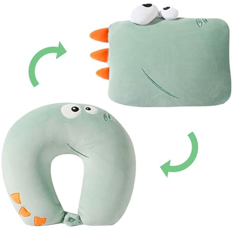 Jinfanshurich Reisekissen Kinder Dinosaurier 2 in 1, Nackenhörnchen Kinder & Schlafkissen Auto Kinder, U Kissen Plüsch Nackenstütze für Reisen, Flugzeug, Auto, Zuhause (Grün)