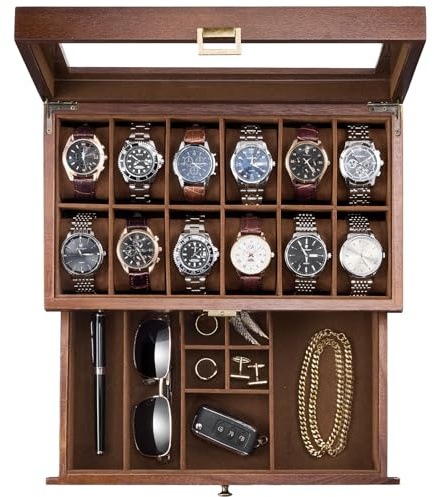 ProCase Caja de Relojes de Madera con 12 Compartimentos, Caja de Almacenaje para Reloj con Cajón, 2 Niveles para Relojes, Estuche de Almacenamiento para Hombres y Mujeres- 12 Ranuras,Madera