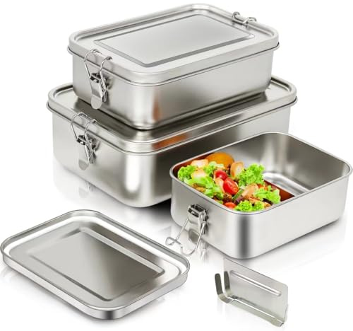 Jekasy 3er Pack 304-Stahl-Bento-Boxen, Mit Lunchbox Edelstahl in Den Volumina 2400 ml,1400 ml und 850 ml, Leckdichte und Stapelbare Stahl-Brotdose Edelstahl Für Suppe, Salat und Restmahlzeiten