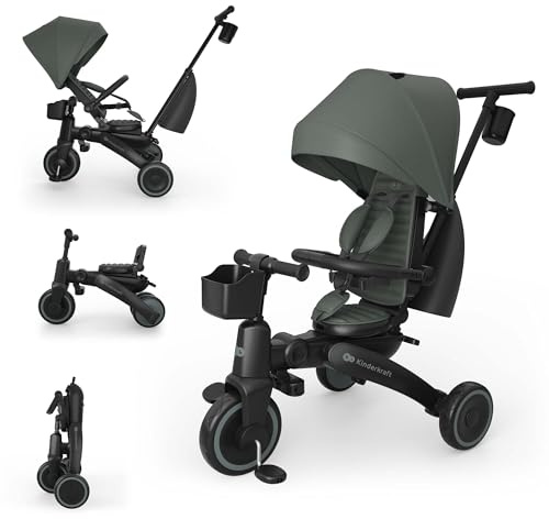 Kinderkraft Jazz 3 Dreirad faltbar ab ca. 9 Monaten bis 25 kg, 360° drehbarer Sitz, Halbliegeposition vorwärts/rückwärts, UPF 50+ Verdeck wasserabweisend, Freilauf & Lenkermodus, Grün