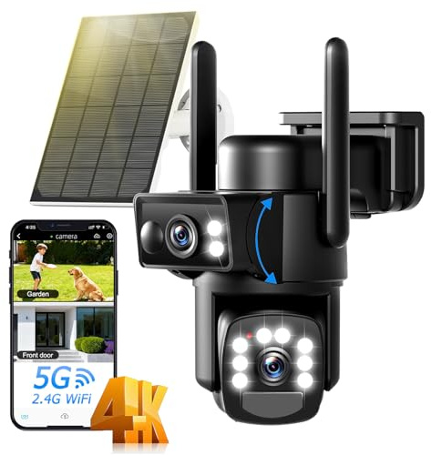 Calike 4k Cámara Vigilancia WiFi Exterior Solar con Panel Solar,2.4G/5GHz Camara Exterior Solar con Doble Lente,360° PTZ,Visión Nocturna en Color,Detección PIR de Movimiento