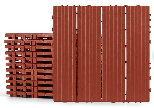 Plastic Interlocking Deck Tiles, 12 Pack Balcony Flooring, 12x12 Waterproof Outdoor Flooring All Weather Use, Patio Floor Decking Tiles for Porch Poolside Backyard, Brick Red