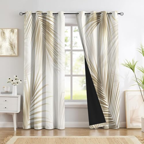 Cortinas Opacas Beige Para Dormitorio, Con Patrón Hojas Palma Blancas, Aislamiento Térmico, Ahorro De Energía, Con Ojales, Para Sala De Estar, Juego 2 Paneles, 140 X 260 Cm, Minimalista Moderno