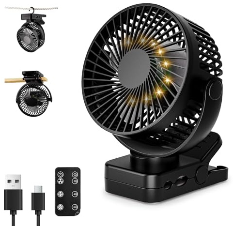 ArsMotin Ventilador Portátil Recargable 12000mAh con Pinza, Mando, 44H, Silencioso, 3 Velocidades, Luz LED, 360°, Temporizador, para Escritorio, Camping, Carro de Bebé y Furgoneta Camper