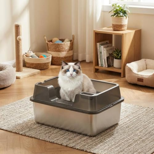 GarveeTech Edelstahl Katzenklo XXL, Katzentoilette mit Hohem Rand & Streufang-Aufsatz, Geruchsneutral & Auslaufsicher, Ideal für Große Katzen oder Mehrkatzenhaushalte, 50x35x27 cm - Schwarz