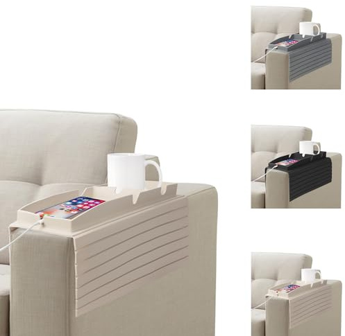 Generic Couch Cup Holder, 1PC Beige Sofa Arm Tray with Cup Holder, Silicone Sofa Armrest Tray Table for Phone, TV Remote Control, Mug, Snacks, Glasses (Beige)