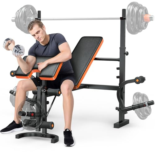 XDDIAS Hantelbank Set für Zuhause, Multifunktions Verstellbare Trainingsbank mit Langhantelablage, Curlpult & Beinstrecker, Kraftstation für Bankdrücken, Fitnessbank bis 350 kg