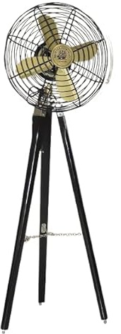 Antique Looking Pedestal Solid Brass Finished Floor Fan Vintage Style With Ajustable Black Wooden Tripod Stand Floor Fan