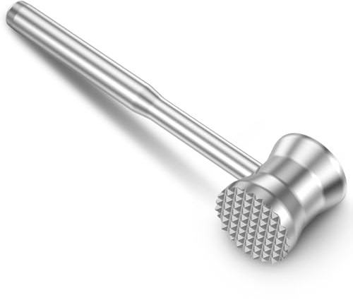 Foribyw Heavy Duty Meat Tenderizer Mallet, 304 Stainless Steel Meat Hammer, Dual Sided Pounder Tool, Dishwasher Safe, Ergonomic Handle for Steak Pork, Kitchen Gadget for Crushing Ice Nut Garlic Silver