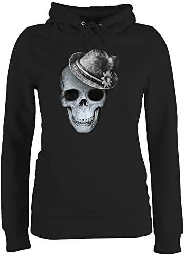Pullover Damen Hoodie Frauen - Kompatibel Oktoberfest - Totenkopf mit Filzhut - L - Schwarz - trachtenhoody bayrische skull fun-kapuzenpullover trachtenpullover bayrisch bayernhut kapuzenpullover