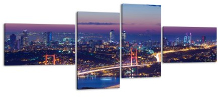 Leinwandbild Istanbul bei Nacht LW309 Wandbild, Bild auf Leinwand, 4 Teile, 100x45cm, Kunstdruck Canvas, XXL Bilder, Keilrahmenbild, fertig aufgespannt, Bild, Holzrahmen, Nacht, Skyline, Türkei,