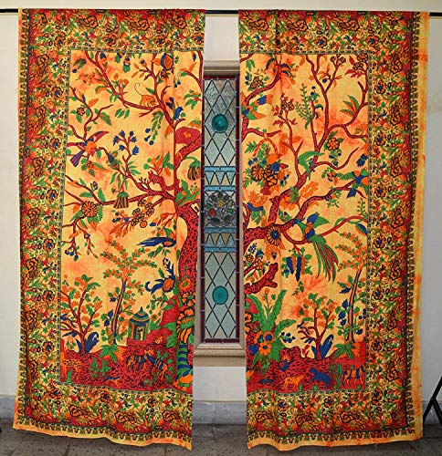 GDONLINE Orange Tree of Life Mandala Cotton Curtain Wall Hanging Mandala Window Door Curtains Wall Panels Hippie Boho Decor Tapestry Window Treatments Balcony Room Decor Curtain