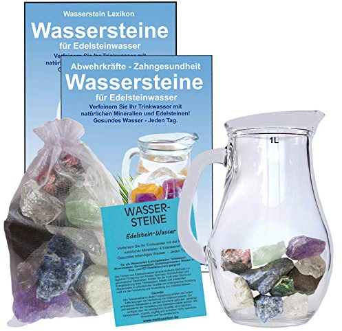 Wassersteine EDELSTEINWASSER Set 300g EDELSTEINE Denken, Lernen, Konzentration zum WASSER energetisieren + 1,0L Glaskrug. 5-tlg Set zur Wasseraufbereitung mit Anleitung Wasserenergetisierung. 90034-2