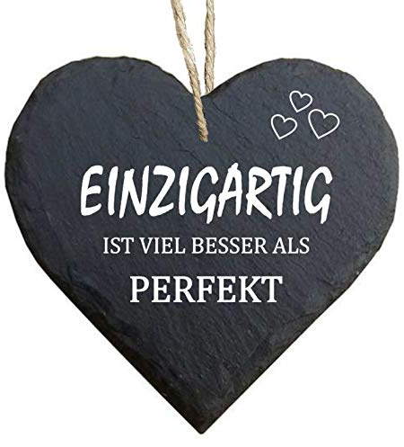 Homeyourself Herz Schieferherz Schiefer Schieferschild 10 x 10 cm Einzigartig ist viel Besser als perfekt schwarz Dekoschild Wandschild Schild Stein Geschenk