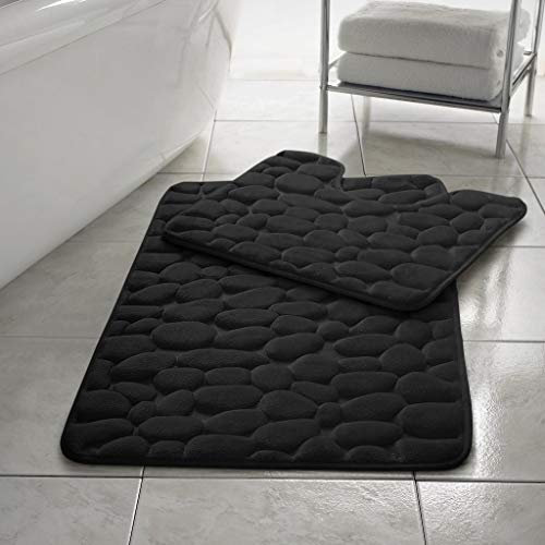 Homes-Linen Stone Pebbles Non Slip Bath Mat Set - Pedestal Set Extra Absorbent 100% Memory Foam Bathroom Toilet Mat Rug (Black)
