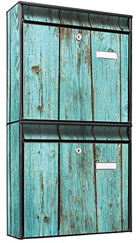 banjado Briefkastenanlage 2 Fach - 2 Briefkästen 36x64x10cm groß - Doppelbriefkasten Set - Namensschild, 2 Schlüssel, Montagematerial - Stahl verzinkt schwarz - Motiv Blaues Holz