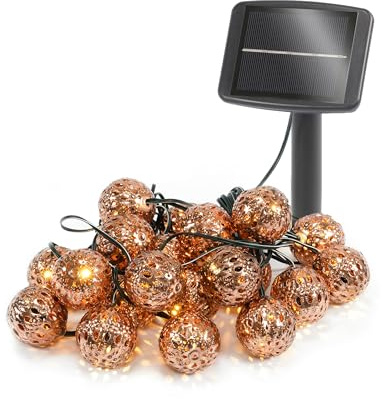 Esotec orientalische Solar Lichterkette Oriental Balls, 9,5m, 20 LEDs, warmweiß, Zuleitung 2m, Akku, Solarmodul, Erdspieß, Lampions, Rost Optik, Kugellichterkette, Metall, aussen, winterfest, 102186