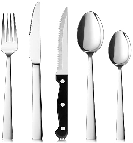 Cutlery Set for 6 People, Herogo 30 Piece Stainless Steel Silverware Set with Steak Knives, Elegant Silver Knife Fork Spoon, Ideal for Home/Party, Mirror Polished & Dishwasher Safe