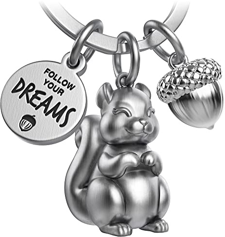FABACH Eichhörnchen Schlüsselanhänger Skippy mit Gravur - Niedlicher Eichhörnchen Schlüsselanhänger - Eichhörnchen Glücksbringer als Motivation Geschenk für Freundin - Follow your Dreams