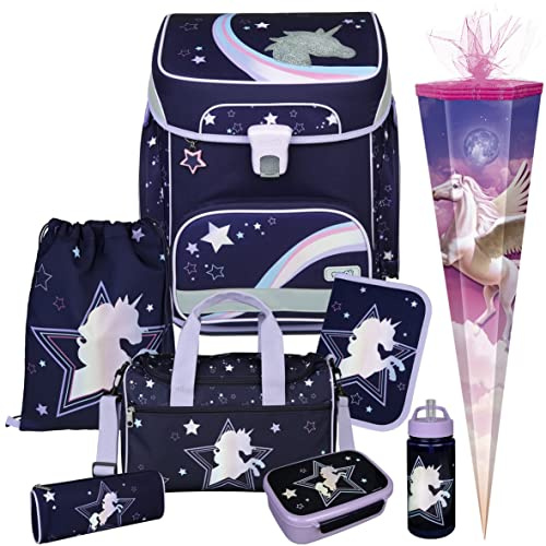 Primus-Versand Dreamland - Einhorn SCOOLI Undercover EasyFit Schulranzen-Set 9tlg. mit Sporttasche, BROTDOSE, TRINKFLASCHE und SCHULTÜTE, Hellblau, Größe: 36,5 x 33 29 cm