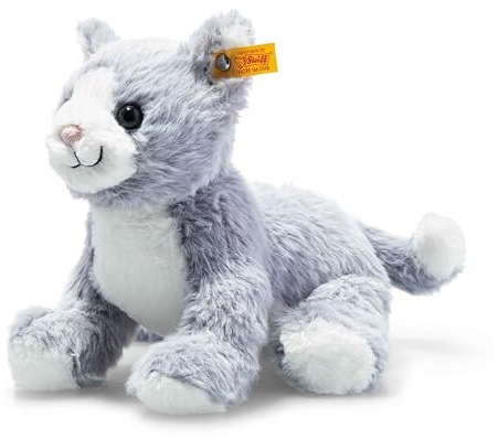 Steiff Cassie Katze eisblau-Weiss 26 cm, Soft Cuddly Friends, Kuscheltier-Katze, Stofftier aus kuschelweichem Plüsch, zum Kuscheln und Spielen, Hellblau