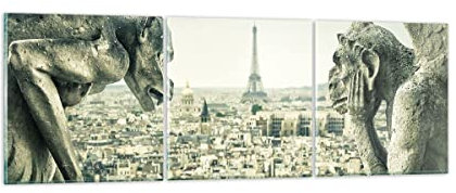 Mehrteilige Bilder auf Glas Wasserspeier Paris Notre-Dame Glasbild 90x30cm Wandbilder Dekoration Wohnzimmer Schlafzimmer Küche Set 3 teilige Klein Wanddeko Wand Kunstdruck Art Modern GCA90x30-4544
