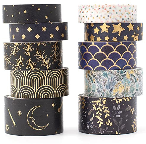 YUBX 10 Rollos Washi Tape Set Masking Tape lámina dorada cinta adhesiva de papel decorativa para Scrapbooking Artesanía de Bricolaje (papel de aluminio)