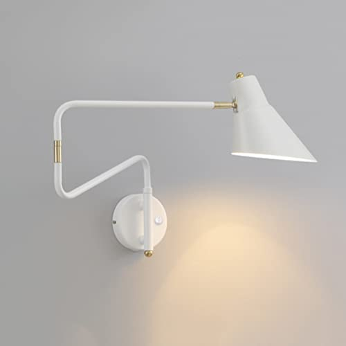 Modern Verstellbar E27 Wandleuchte mit Schalter, Wandlampe Drehbare 360 ° Flexarm Wand-Leselampen, Metall Langer Arm Schlafzimmer Nachttischlampe, Schwenkbar Wandstrahler für Wohnzimmer Büro,Weiß