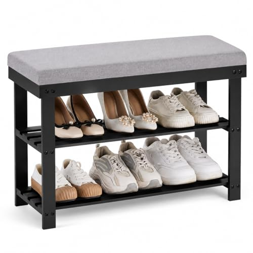 APICIZON Schuhbank aus Bambus, 70 × 28 × 50 cm, Schuhregal mit gepolsterter Sitzbank und 3 Ablagen, bis 130 kg belastbar, Schmaler Schuhschrank für Flur, Diele, Schlafzimmer und Bad, Schwarz
