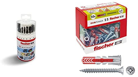 Fischer Set 18 Punte per Trapano Assortite Muro Legno, Metallo, SDX/HSS, 530667 & 50 Tasselli Duopower con Vite, 5 x 25 mm, per Muro pieno, Mattone Forato, Cartongesso, 544015