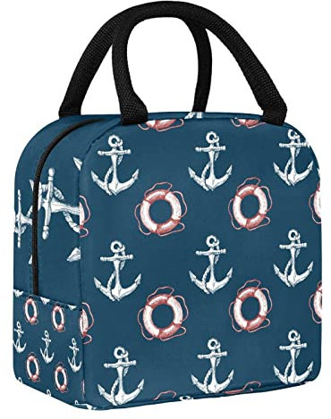 Lunch-Tragetasche für Damen, isolierte Kühltasche, auslaufsicher, Bento-Tasche, Mittagessen-Organizer für Kinder, Mädchen, Herren, Schule, Büro, Reisen – Weißer Schiffsanker, Rettungsring, Marineblau