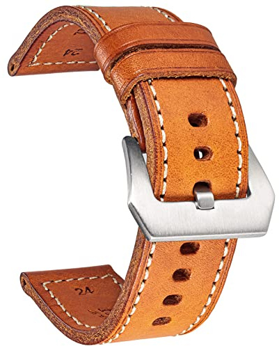 Hemsut klockarmband i äkta läder, retro vintage 20 22 24 26 mm handgjord ersättningsrem i läder för män och kvinnor, 24mm, Rostfritt stål, Ingen ädelsten