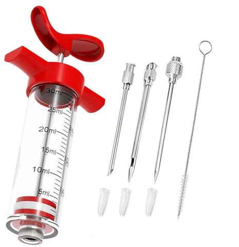 SYFUNLV Food Syringe, jeringa de carne para adobo, jeringa de adobo de plástico con aguja de carne para atornillar para barbacoa, carne de res, pollo, pastelería, marinada, (rojo)