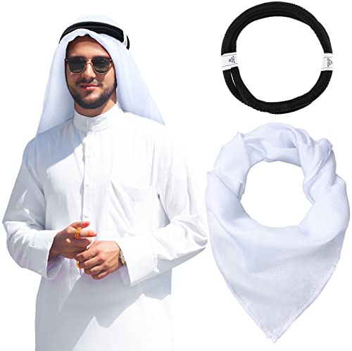 Arab Shemagh Muslim Keffiyeh Head Wrap Scarf Arabic Tactical Desert Headwear with Aqel Rope Halloween Costume Accessories(White)