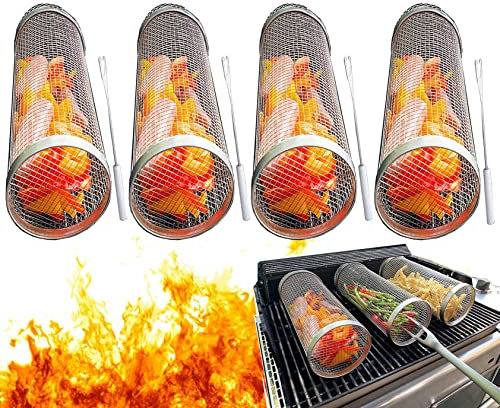 4-teiliger rollender Grillkorb – der Beste Grillkorb Aller Zeiten, rundes Grillgitter aus Edelstahl, Camping-Grillständer für Gemüse, Pommes Frites, Fischgrill