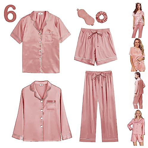 Y WJing Yi Jia Ensemble de pyjama en satin de soie pour femmes 6 pièces avec boutons - Ensembles de pyjamas - Vêtements de nuit et de détente, Rose pâle., XXL