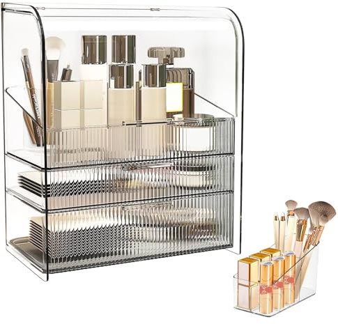 DASITON Make Up Organizer mit Schubladen,Staubdichte Dreilagige Kosmetik Aufbewahrung mit Deckel,Große Kosmetik Schminktisch Organizer,Skincare Organizer Cosmetic Organizer für Schlafzimmer,Bad(Clear)