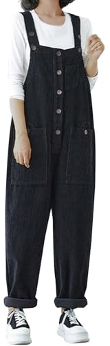 KBOPLEMQ Women's Work Trousers Cord Jumpsuits Plain Dungarees Adjustable Straps Loose Retro Oversize Jumpsuit Wide Leg Romper with Pockets Loose Baggy Linen Jumpsuit with Buttons, black, XL