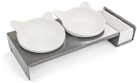 CanadianCat Company | Katzennapf, Fressnapf Katze erhöhte Schüssel Cat Diner, 3er Keramik Napf austauschbar, Elegante Designer Futterstation aus Metall, grau/weiß, ca. 40,5 x 18,5 x 7 cm
