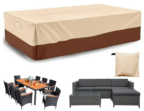Aipwerer Housse de Table de Jardin Imperméable 600D Oxford 230x165x80cm | Beige-Marron, 600D Oxford, Imperméable, Anti-UV et Indéchirable, Avec Cordon et Sangles, Pour Table et Mobilier de Jardin