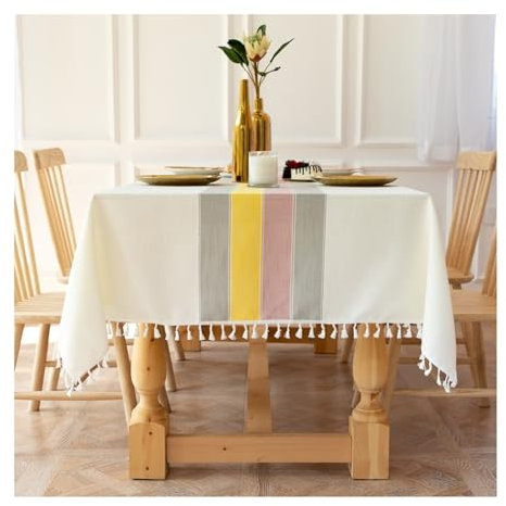 AMDXD Tischwäsche Bunt, Streifen Quaste Tischdecke Polyester, Tischdecke Weihnachten Tischdekoration für Wohnzimmer, Esszimmer, Balkon, Garten, 140x240CM