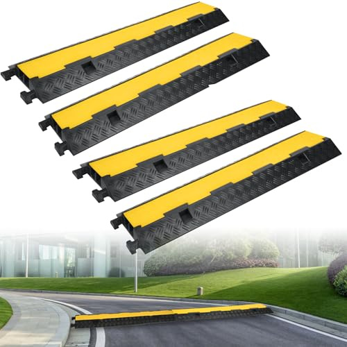 ROSEJANE Lot de 4 rampes de protection de câbles en caoutchouc, 2 canaux, protection contre les débordements, passe-câbles au sol pour parkings, chantiers de construction et entrepôts, noir/jaune
