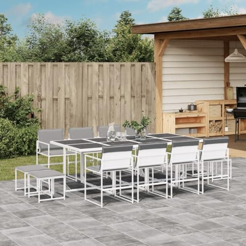 Homgoday Gartenmöbel-Set, Esstisch für den Garten, 13-teilig, mit weißen Kissen aus Textilen, Gartenmöbel, Tisch und Stühle, für den Außenbereich, Set S