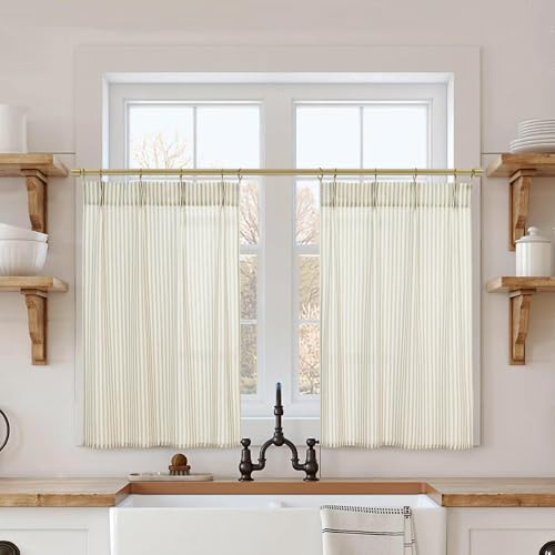 Lino Rosa Kitchen Window Curtains Over Sink 24 Inch Length Sets,Rustic Country Pinch Pleated Linen Cafe Small Window Curtain for Half Bathroom Windows