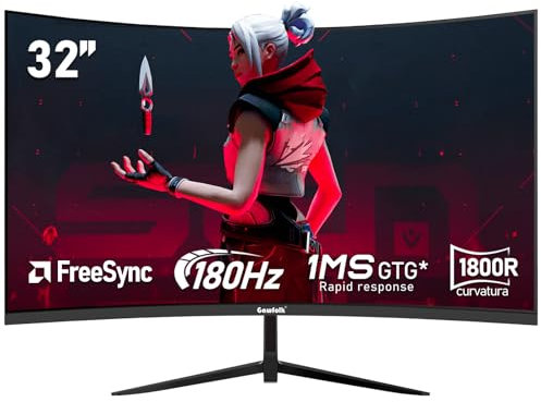 Gawfolk 32 Inch Curved 1800R PC Gaming Monitors 180hz, FHD 1080p 1ms without Bezel, freesync, 98% sRGB，178 ° Angle View HDMI、DisplayPort, Compatible with Mural VESA100*100MM - Black