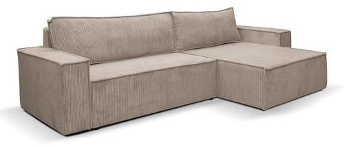 VENASI MÖBEL Ecksofa mit Schlaffunktion Hugo XL, Beige Cordstoff | Sofa mit Bettkasten, Schlaffläche 125 x 230 cm, inkl. Kissen & Aufbauanleitung