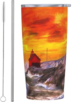 Taza De Aislamiento 20Oz, Faro Del Atardecer En El Mar Taza De Automóvil Reutilizable Taza De Viaje Personalizada Acero Inox Vaso Termico, Para Café, Agua Y Té