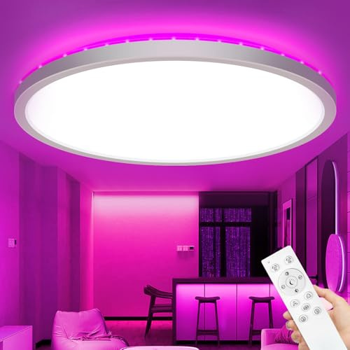 zemty LED Deckenleuchte Dimmbar 50CM, 42W 3360LM RGB Deckenlampe mit Fernbedienung, 3000K-6500K Badezimmer Lampe Wasserfest, Flach Badlampe Decke für Bad Kinderzimmer Schlafzimmer Wohnzimmer