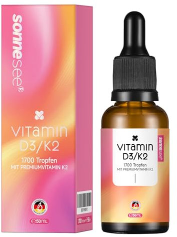 sonnesee Vitamin D3/K2 Tropfen – 25 µg D3 & 20 µg K2 MK7 – 1700 Tropfen (50 ml) – Pflanzliches D3 aus Flechten – MCT-Öl – Vegan, laktosefrei – Für Knochen & Immunsystem